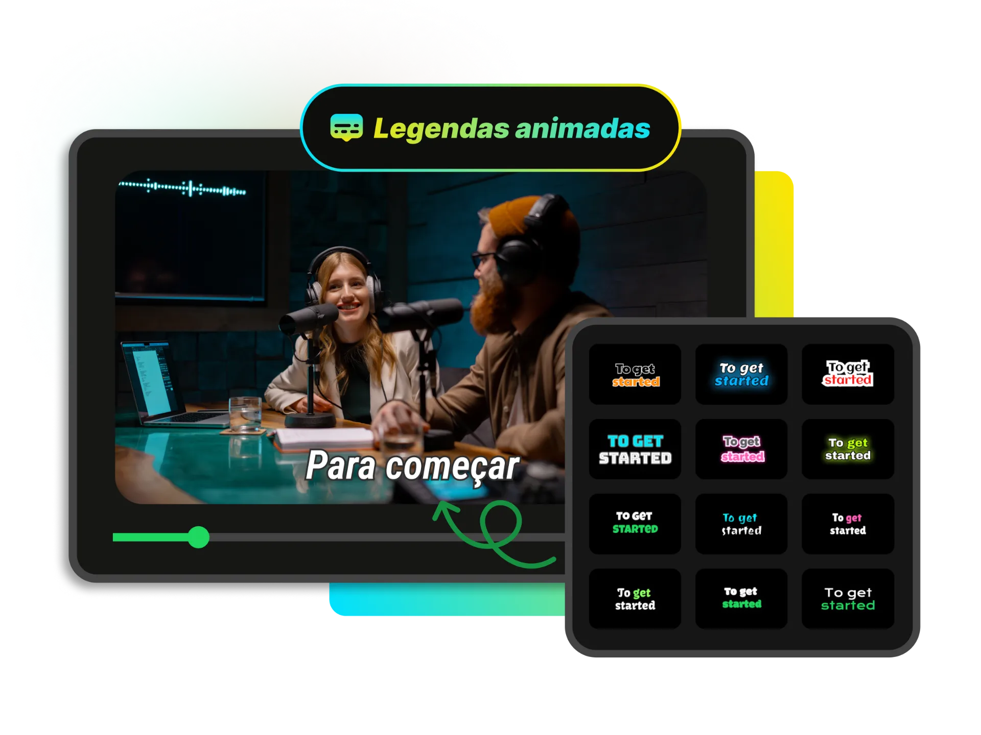 Uma galeria de diferentes estilos de legendas mostrando vários efeitos de animação e opções de tipografia